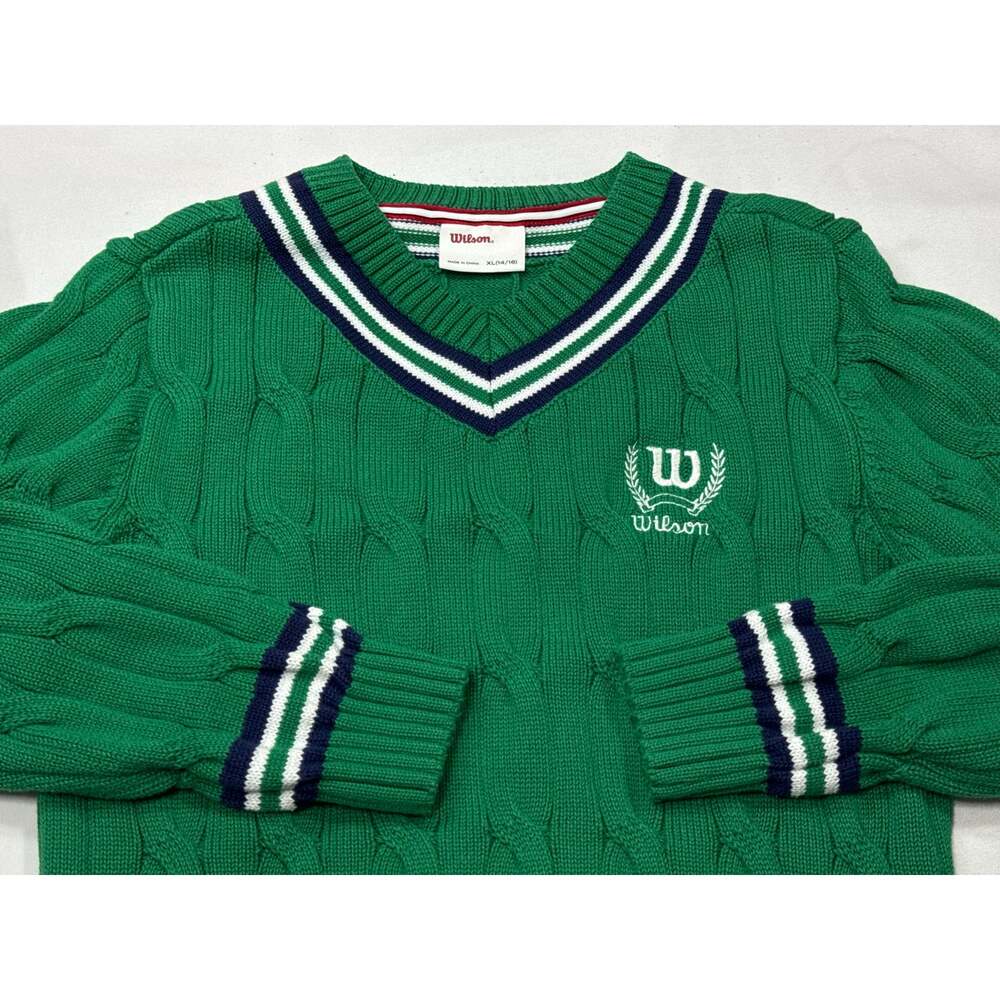 Vintage Wilson Youth XL 14-16 Westwood Tennis V-Neck Sweater Green White